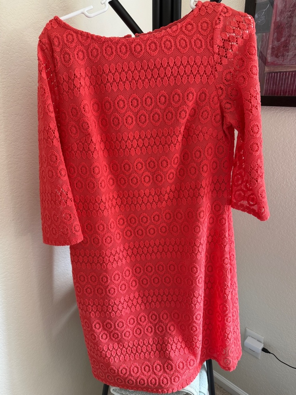 Jessica Howard Coral Crochet Long Sleeve Shift Dress - Bright Coral